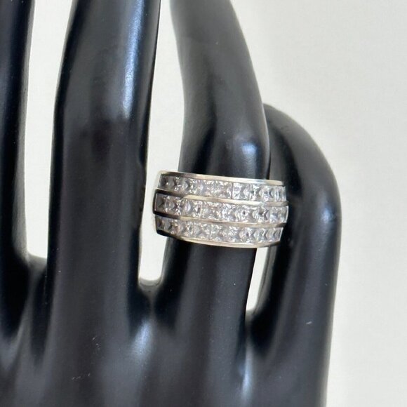 14K White Gold Three Row Clear CZ Wide Chunky Statement Band Ring Size 6.75 - Picture 8 of 12